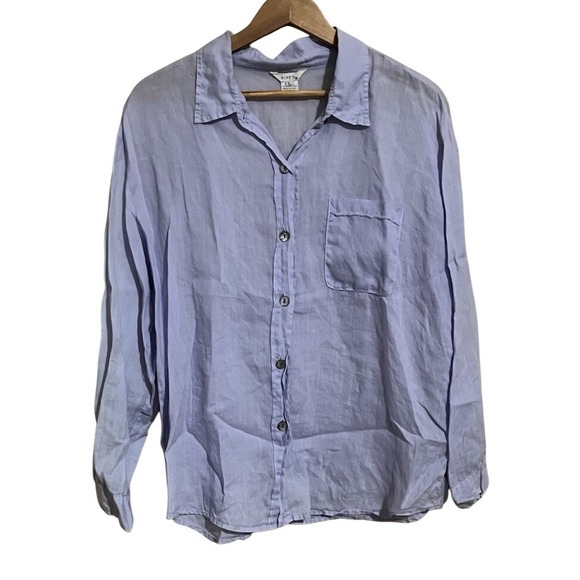Kleen Tops - Kleen Womens Large Blue 100% Ramie Linen Button Down Long Sleeve Shirt Pocket
